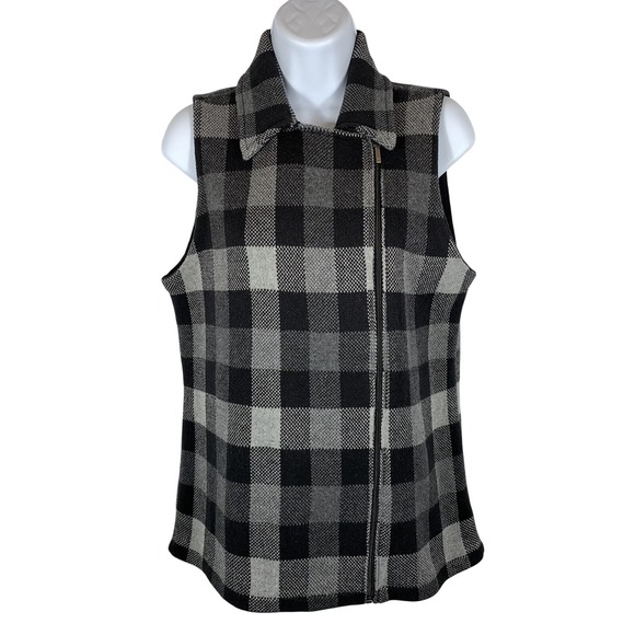 Chaps Jackets & Blazers - Chaps Sweater Vest Womens Medium Black & Gray Plaid Stretch Knit Full Zip - 304
